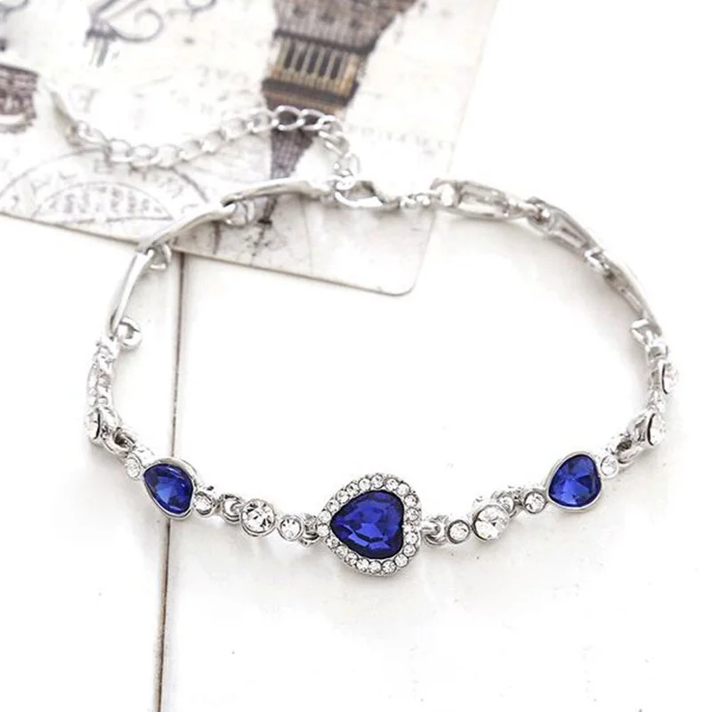 Womens Ladies Crystal Rhinestone Bangle Ocean Blue Bracelet Chain Heart Jewelry Party Gifts Peach Heart Bracelet fashion bracelet,fashion jewelry