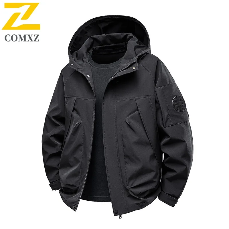 COMXZ Men Autumn New Jacket Casual Outdoor Mountaineering Wear Resistant Coat Premium Hooded Biking Lightweight Windbreaker