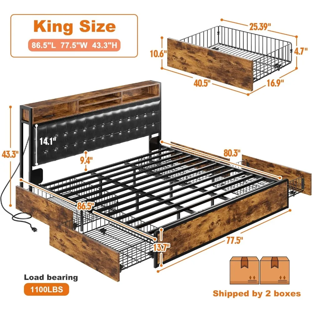 King Size Bed Frame with 4 Storage Drawers Kings Beds Frames and Headboard Upholstered Charging Station, King Bed Frame 2