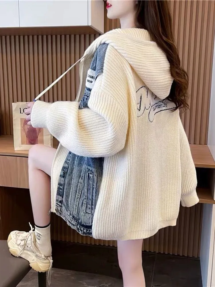 여성용 데님 패치워크 후드 스웨터, 한국 니트 재킷, 시크 저지 가디건, 루즈 의류, 아우터, 가을, 겨울, 2024 신상