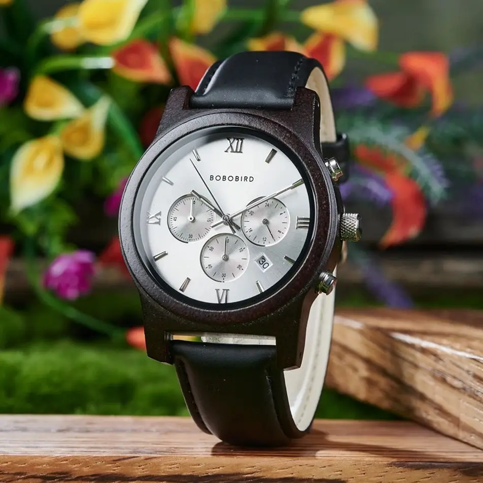 BOBO BIRD Men's Wood Watch Leather Strap Quartz Wirstwatches Chronograph With Date Display relogio masculino Dropshipping