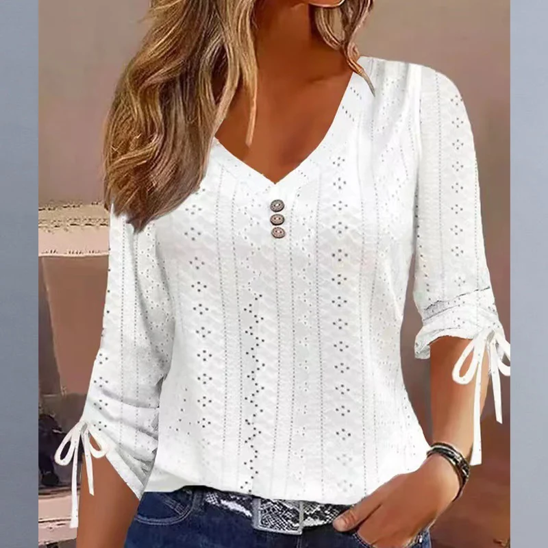 

Autumn Elegant Fashion Chic Shirt Women All Match Solid Color V Neck Half Sleeve Drawstring Hollow Out Button Loose Casual Top