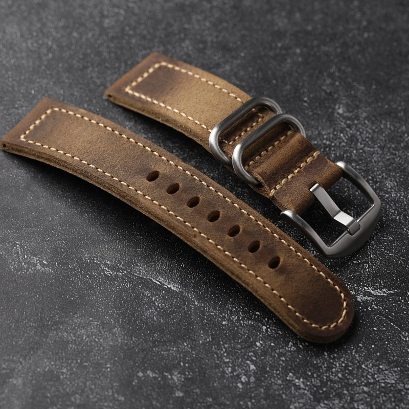 Vintage Crazy Horse Brown Leather Watch Strap - Soft and Thick Head Layer Cowhide Watchband