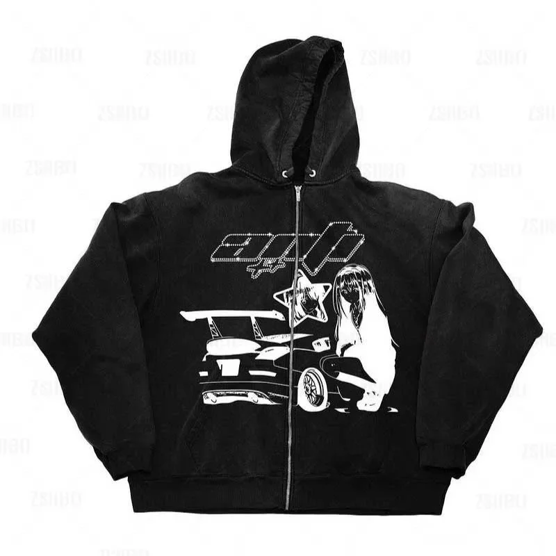 

Harajuku Cartoon anime Print Zip up Hoodie Y2K graphics woman goth Sweatshirt Black Long Slve Vintage Punk Winter Clothes emo