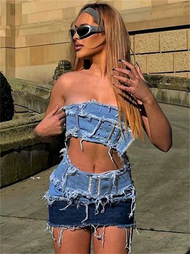 

TARUXY Denim Y2k Skirt Sets For Women Strapless Tube Top Corset Set 2 Piece Skirt Outfits High Street Two-Piece Jeans Sets 2023