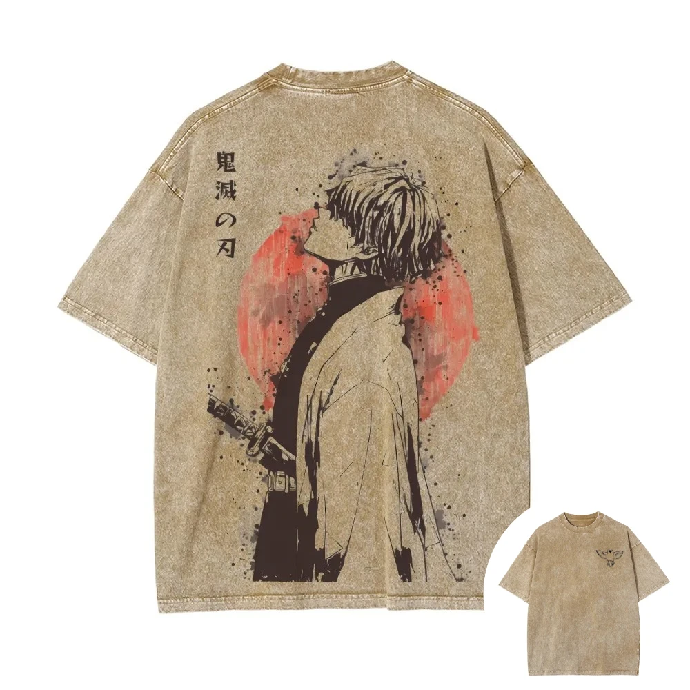 Demon Slayer Zenitsu Agatsuma Acid Wash Graphic T Shirt Anime Back Print M-3XL