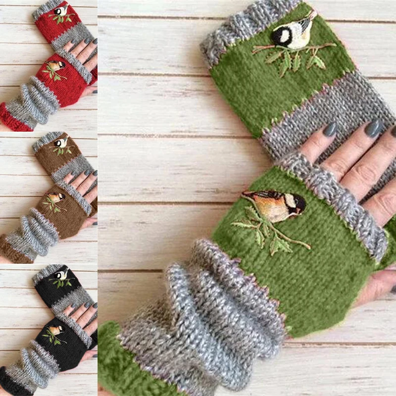 

Knitted Fingerless Plus Velvet Color Block Splice Mittens Girls Gloves Birds Embroidery Gloves for Women Rekawiczki Damskie