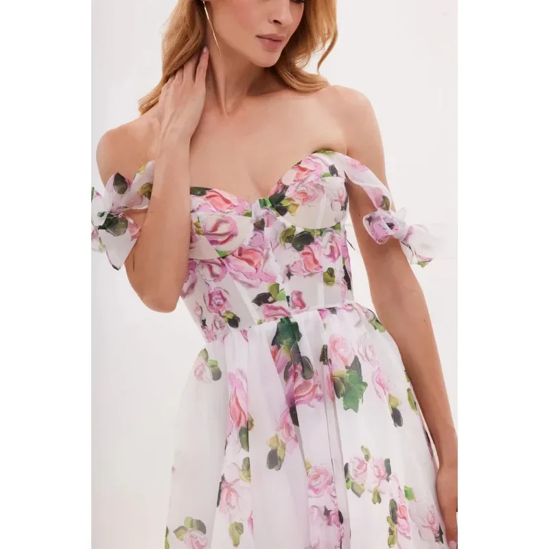 Sexy Schickes Blumenmuster Trägerkleid mit V-Ausschnitt Rückenfreies Bandage-Plissee-Abendkleid 2026 Elegantes Damen-Korsett Feenhaftes Partykleid