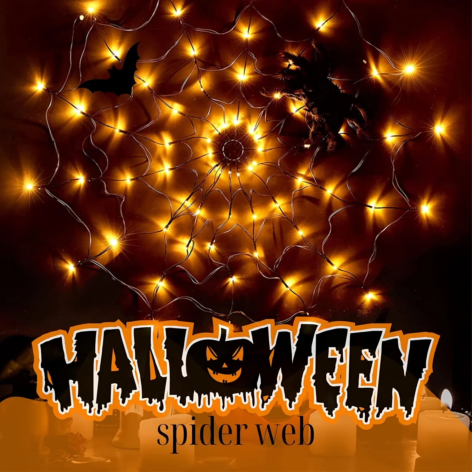 Halloween Spider Web Light w/ Giant Spider 8 Modes Remote Control USB Powered for Spooky Indoor Outdoor Decor