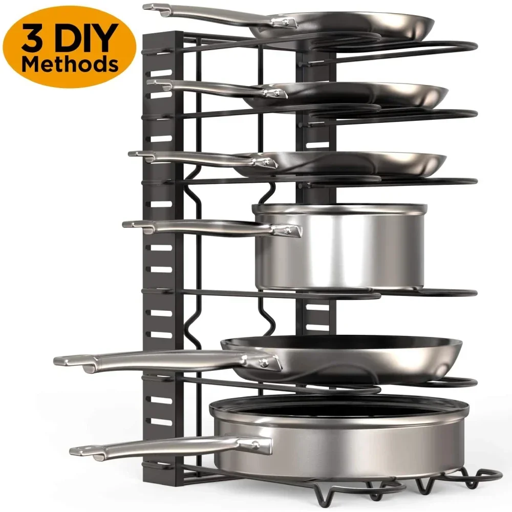 5/8 Tiers Adjustable Pots and Pans Organizer Rack 3 DIY Methods Heavy Duty Metal Pans Pots Lids Storage Holder Rack for Kitchen 3