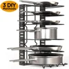 5/8 Tiers Adjustable Pots and Pans Organizer Rack 3 DIY Methods Heavy Duty Metal Pans Pots Lids Storage Holder Rack for Kitchen 3
