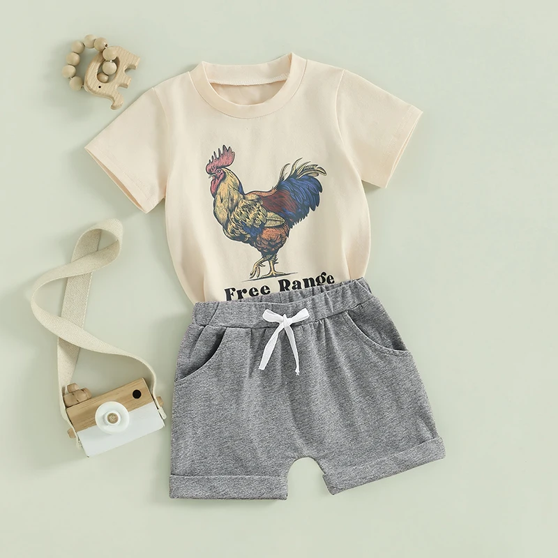 Toddler Baby Boy Farm Chicken Outfit Short Sleeve Rooster Free Range T Shirt Shorts 2Pcs Summer Clothes Set 2