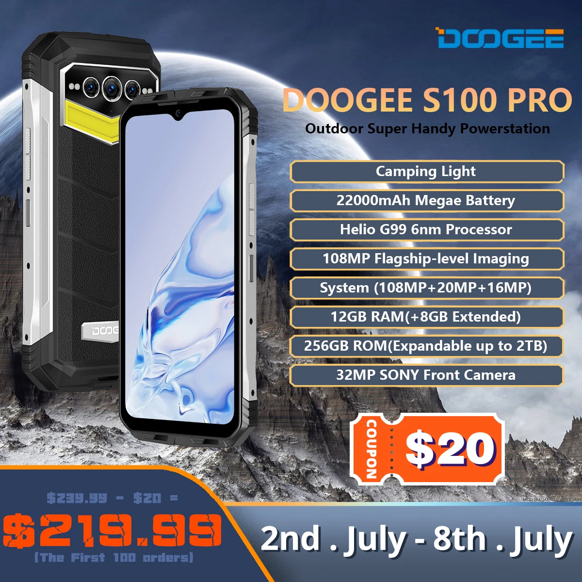 DOOGEE S100 Pro IP68 Rugged 22000mAh 20GB+256GB 108MP Camera Night Vision  Android 12 Helio G99 6nm 6.58 NFC OTG