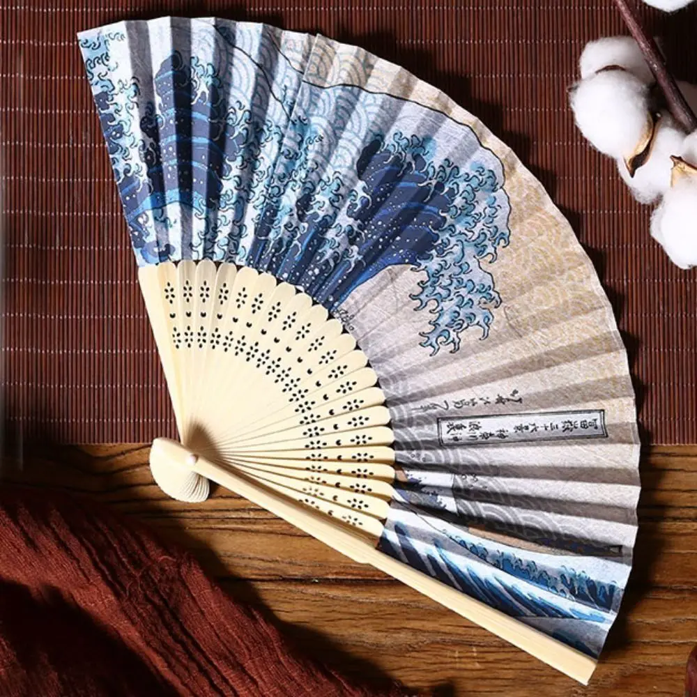 Paper Folding Fan Vintage Japanese Style Bamboo Handle Props Home Decoration
