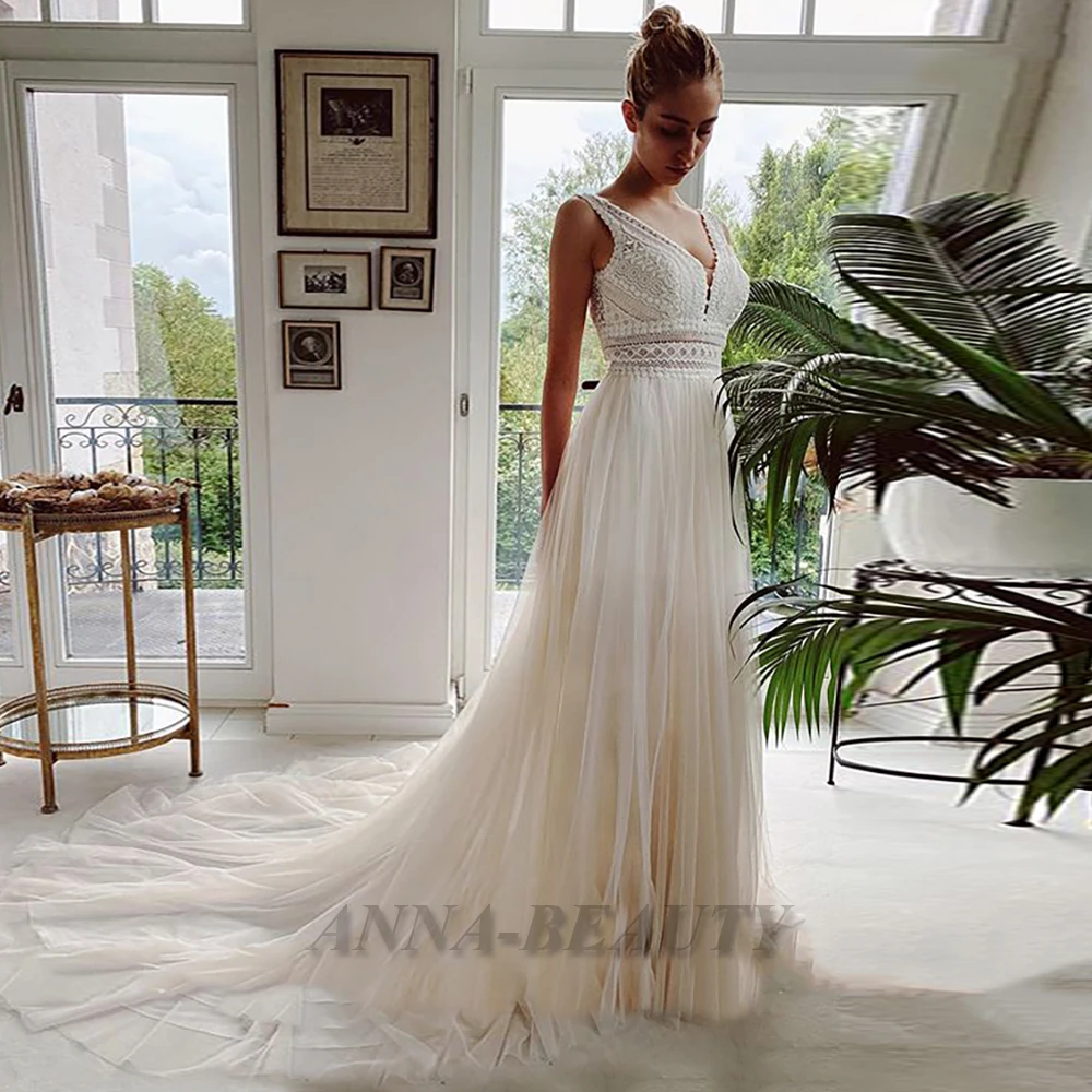 Anna Bohemian Tank Wedding Dresses 2023 Bride V Neck Vintage Appliques Lace  Sleeveless A Line Tulle Backless Vestidos De Novia - AliExpress 320