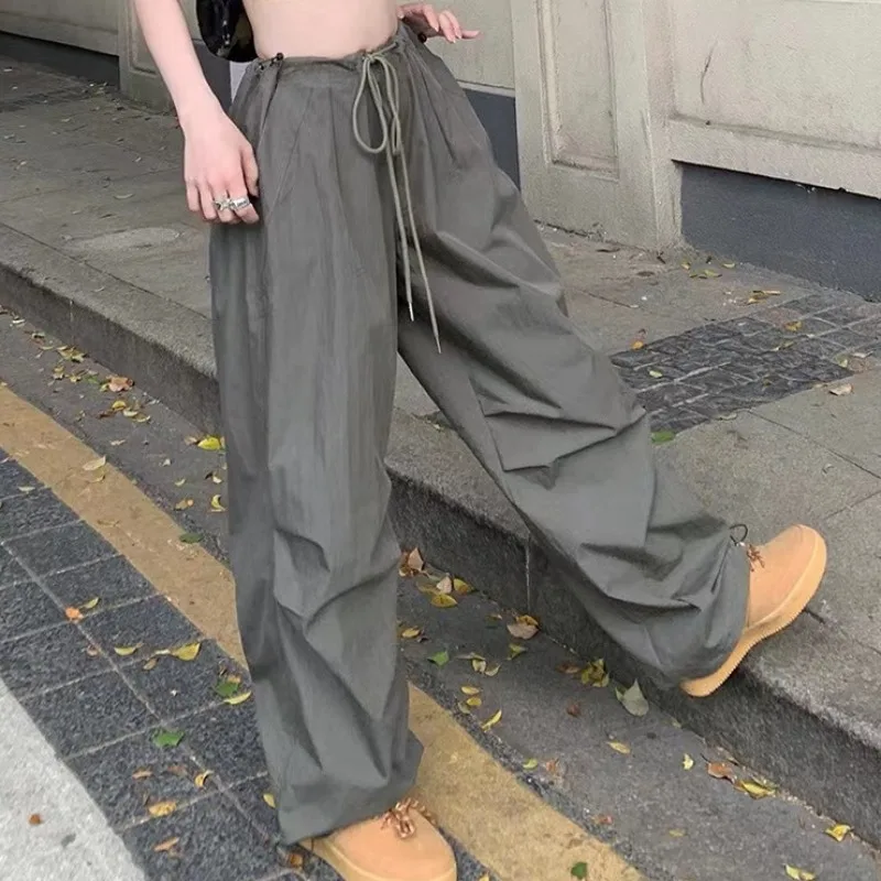 Spring Summer Women's Solid High Waisted Drawstring Pockets Loose Wide Leg Workwear Sports Trousers Fashion Vintage Pants