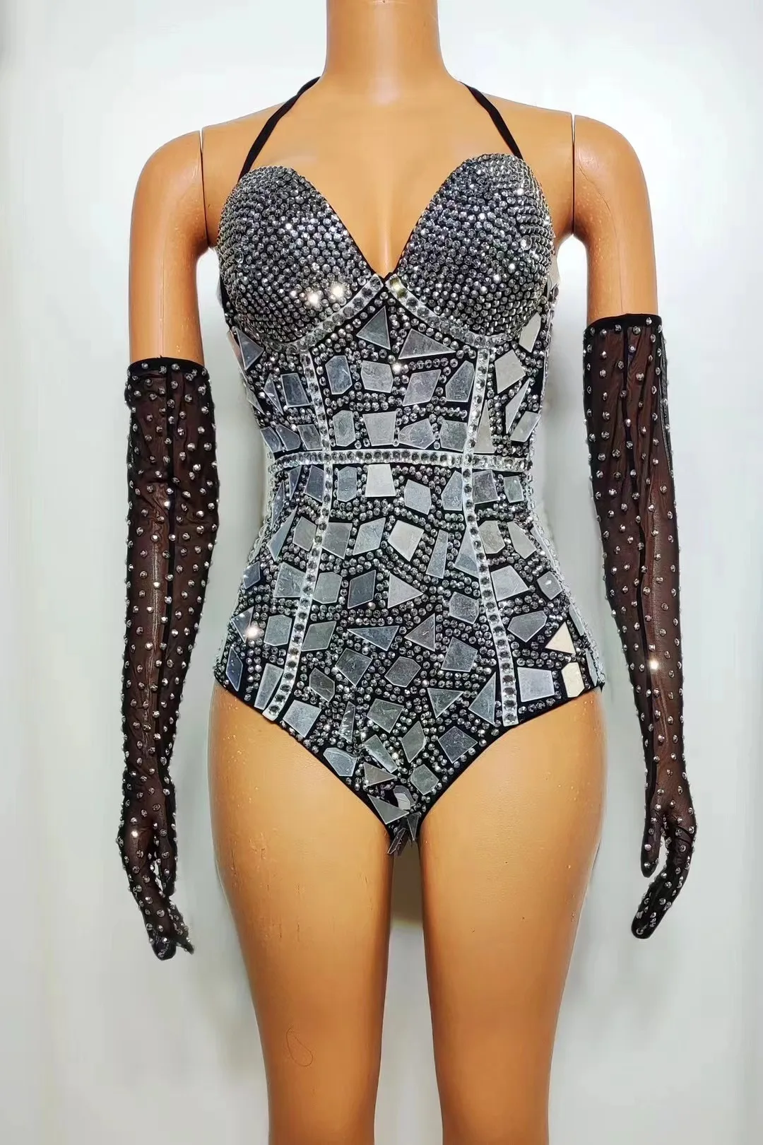 

Sparkly Rhinestones Mirrors Leotard Gloves Women Sexy Performance Bodysuit Dance Costume Nightclub Singer Dancer Show Stage Wear