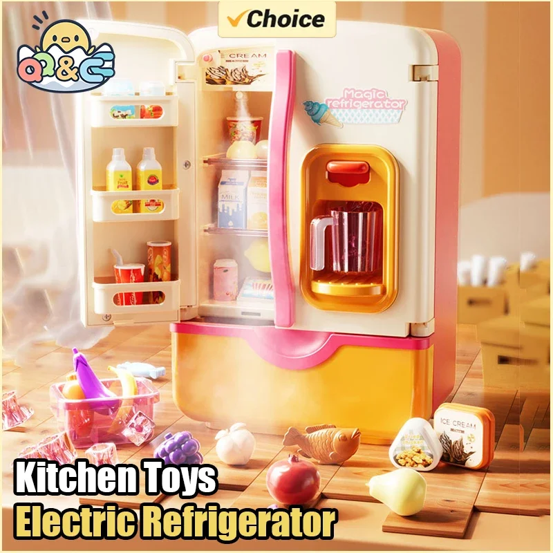 Children Play House Toy Simulation Electric Refrigerator Kitchen Pretend Play Game with Light Spray Toys for Girl Christmas Gift