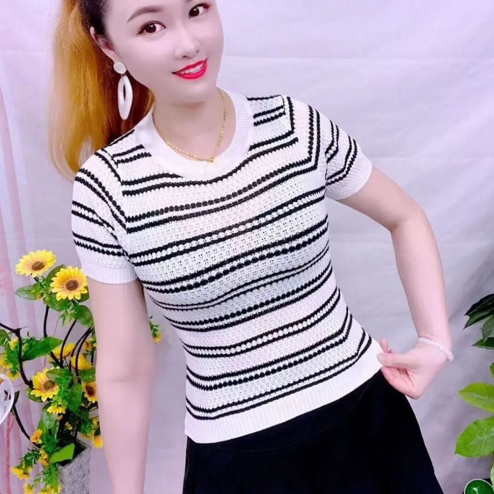 Fashion Ins Short Sleeve Crop Top Sweet Female Clothing Stripe Knitted T-shirt Bottoming Shirt Slim Fit Knitwear Women Summer