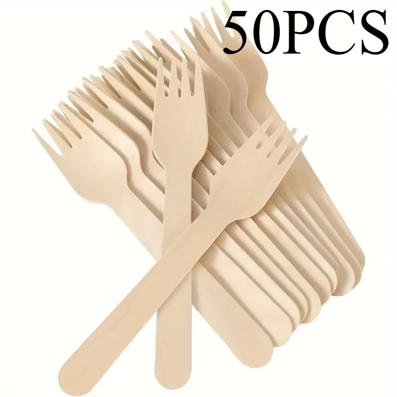 50PCS Disposable Wooden Fork Wooden Dessert Fork Cake Salad Kitchen Restaurant Household Wedding Birthday Party Picnic Christmas