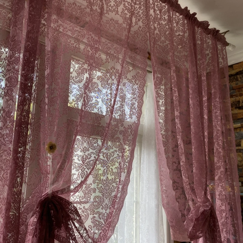 American Country Sle Semi-Transparent Light Purple And Pink Lace Curtains Ready-Made for Balcony Bay Window Door And Curtain