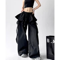 MEXZT Y2K Black Cargo Pants Women Streetwear Lace Patchwork White Wide Leg Pants Summer Gyaru Harajuku Korean Baggy Trousers New