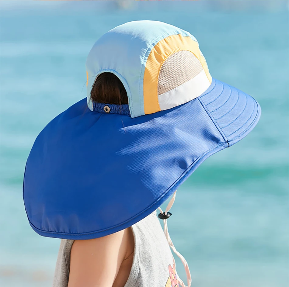Sommer Baby Sonnenhut mit Nackenklappe und breitem Riemen, Strandhüte, Kinder-Eimerhut, UV-Schutz, Panama-Kappe für Jungen und Mädchen_voghion.com