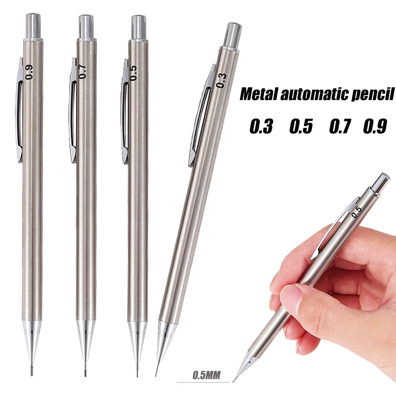 0.3 0.5 0.7 0.9mm Metal Automatic Pencil with Eraser HB Lead Stainless Steel Silver Office Art Supplies Drawing Stationery 2