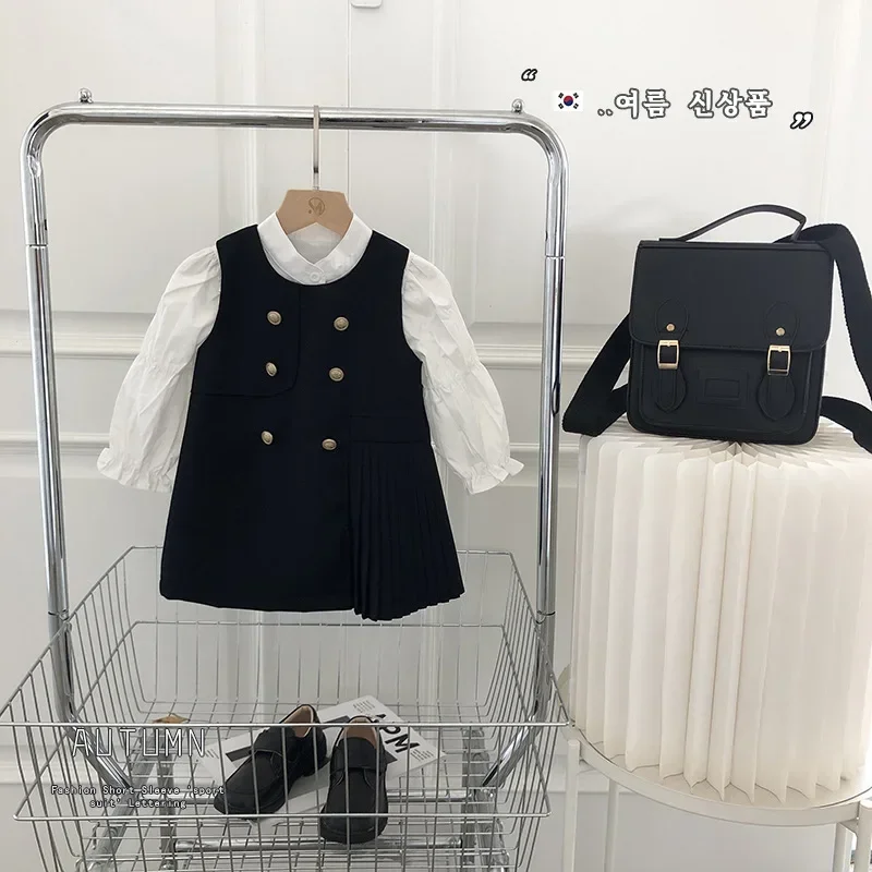 

Girls Clothes Suit College Style Set 2024 New Spring and Autumn Children Sleeveless Sundress Korean Version Shirt Two-piece Set