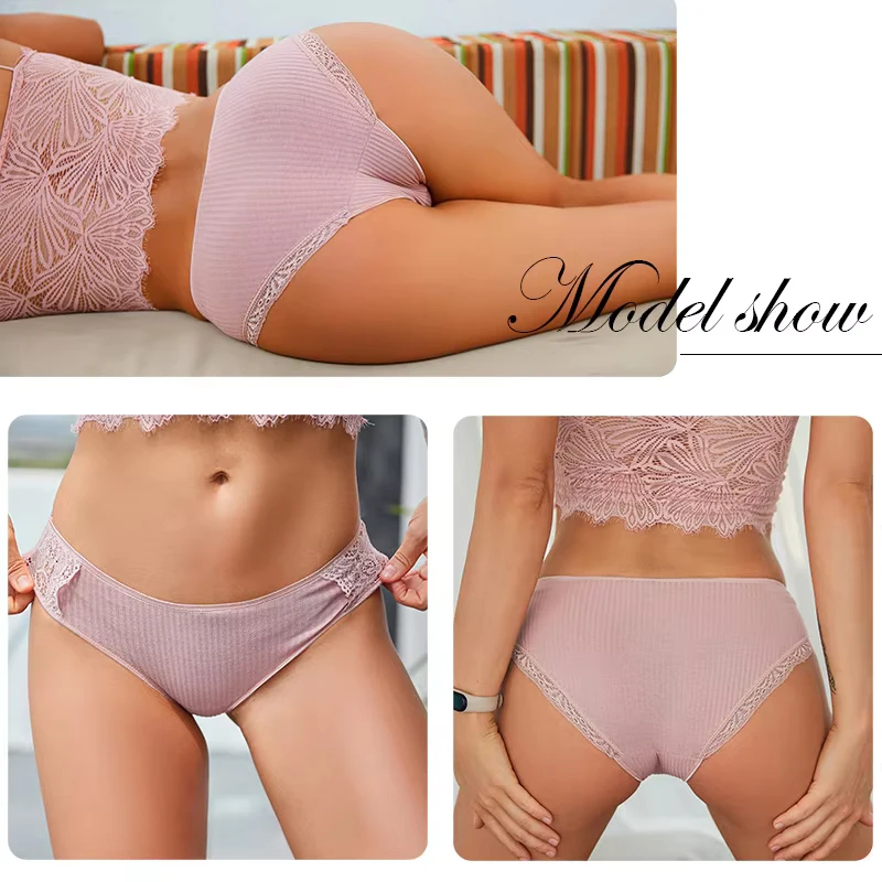 Women Panties 3Pcs/set Cotton M-2XL Low-Rise Trendy Patchwork Lace Briefs Soft Underpants Lingerie