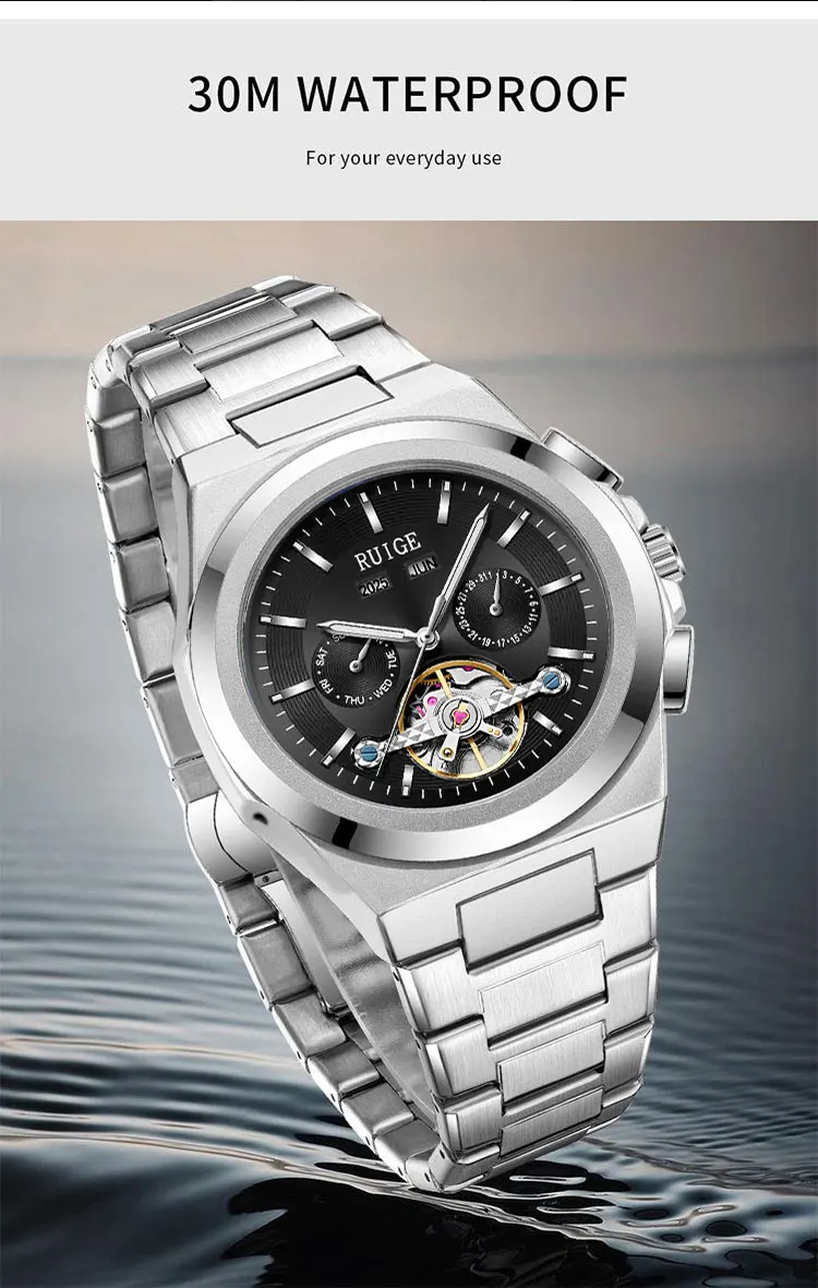 RUIGE Dreäugige sechs Nadeln hohles Nachtlicht Edelstahlarmband automatische mechanische Uhr Mode Herrenarmbanduhr – Detail 8