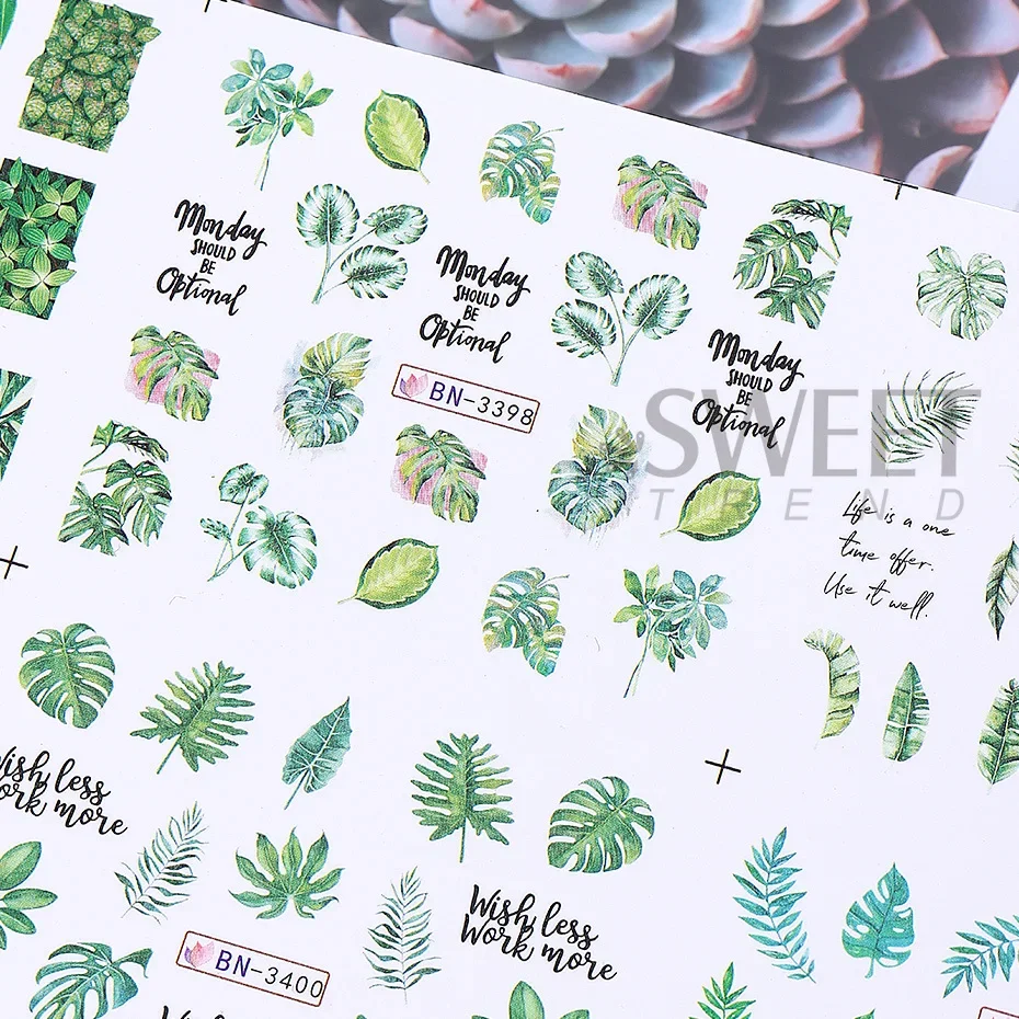 12pcs Summer Tropical Plants Nail Stickers Green Banana Leaves Palm Tree Floral Water Transfer Decals Sliders DIY Manicure Decor