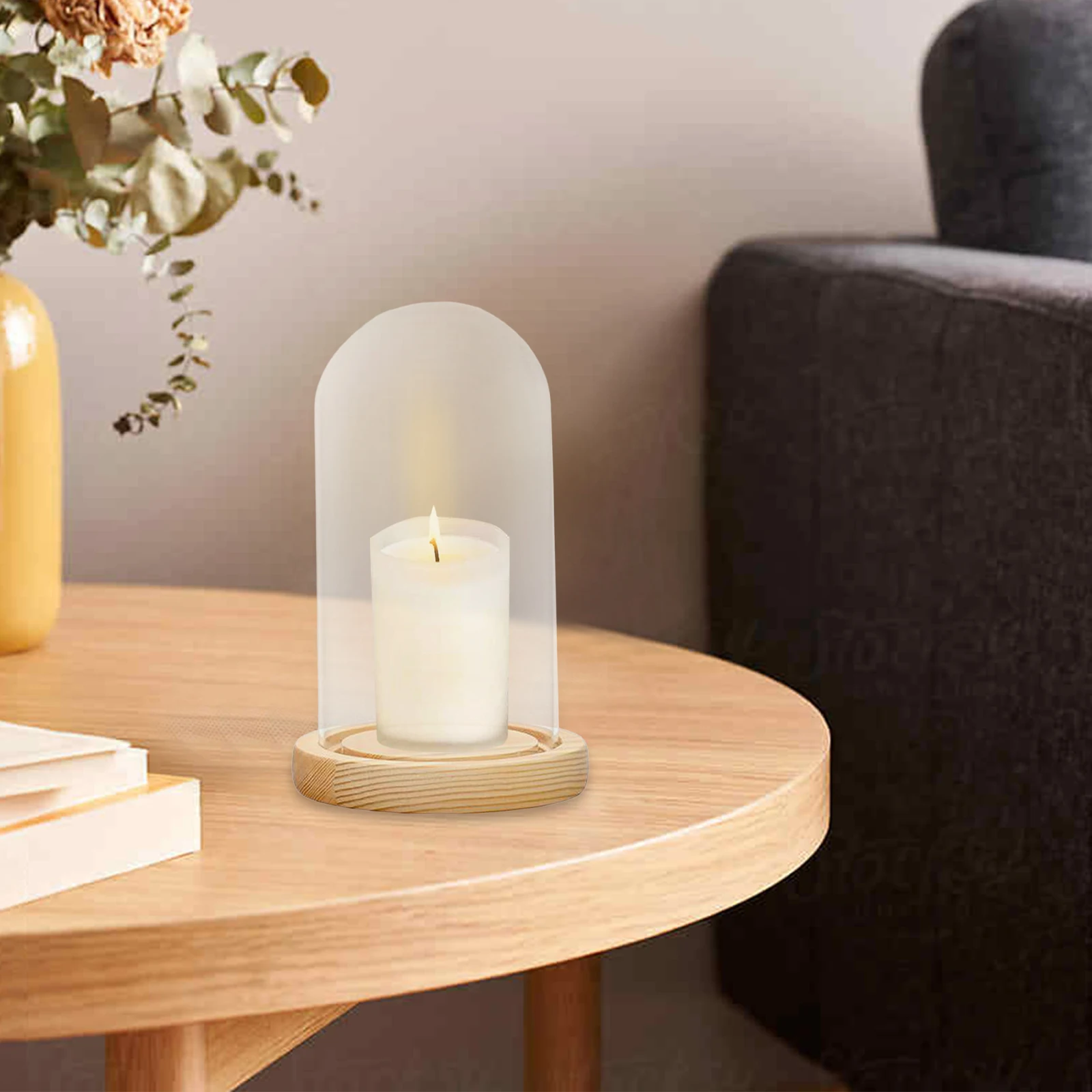 Glass Display Dome Cloche Bell Jar with Wooden Base Round for Dining Table Nightstands Home Decor