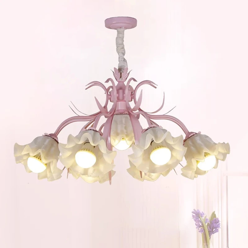 

Romantic Princess Room Chandeliers Pink Flower Glass Lamps French Warm Children's Room Living Room Girl Bedroom Chandelier LED