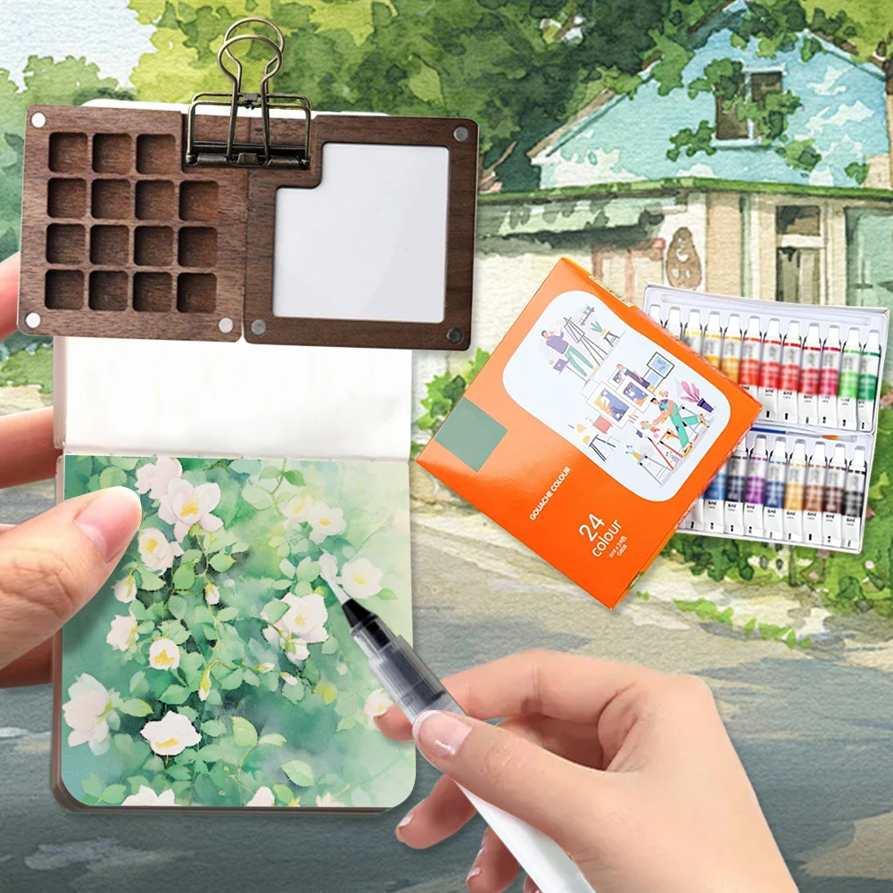 Travel Paint Palette Mini Watercolor Palette Set with Clip Portable Watercolor Set Wooden Grid Paint Box for School