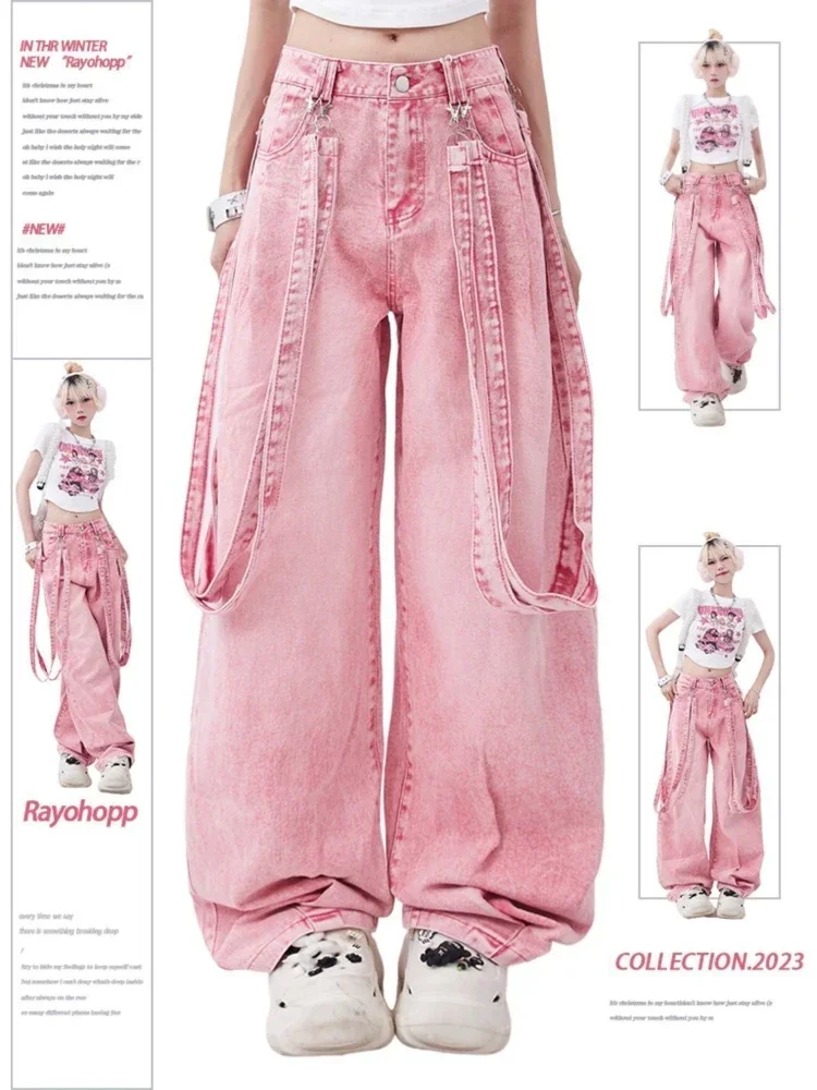 ADAgirl Pink Y2K Cargo Jeans Women Harajuku Oversize Vintage Belt Wide Leg Causal Denim Trousers Hip Hop Korean Straight Pants