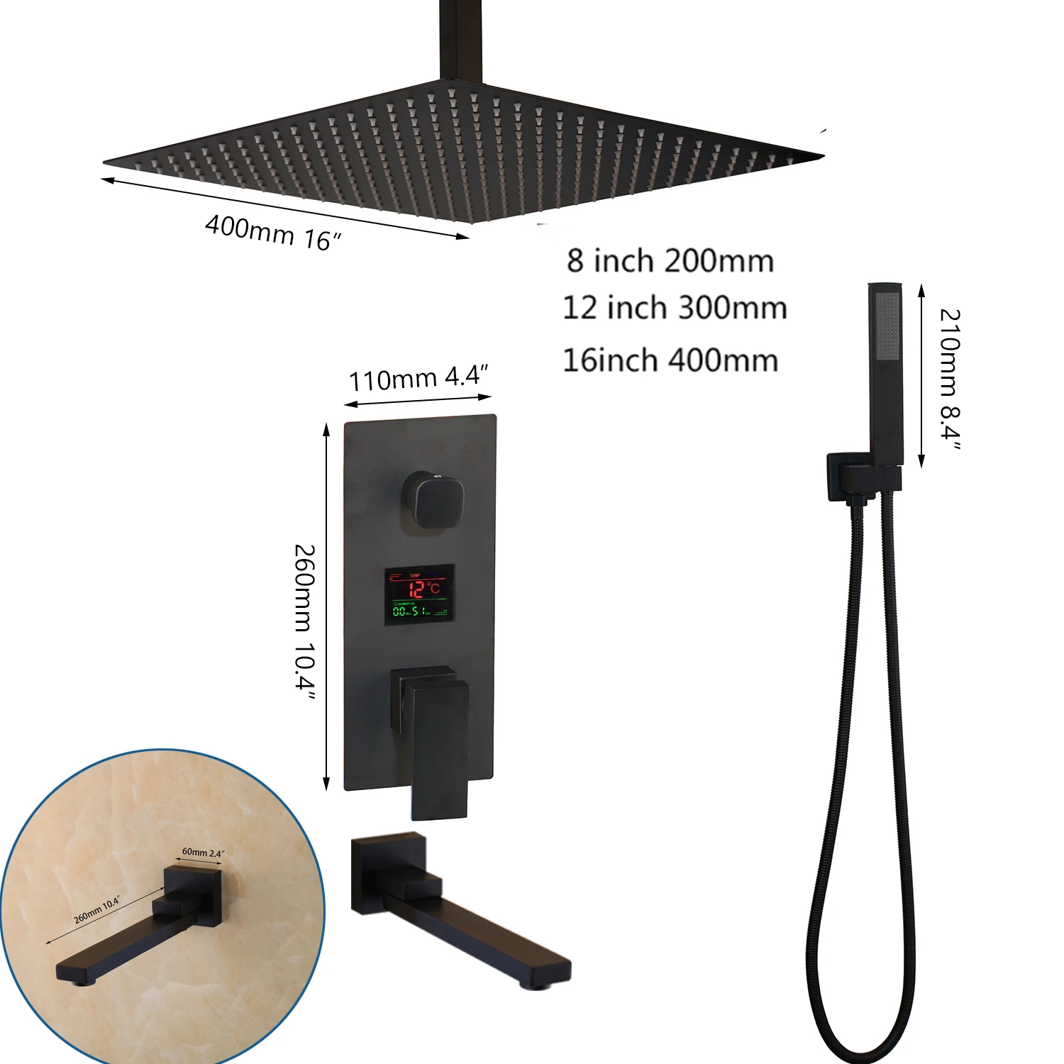 KEMAIDI Matte Black LED Digital Display Shower Faucet Set Rainfall Folding Bathtub Shower System LCD Digital Mixer Tap