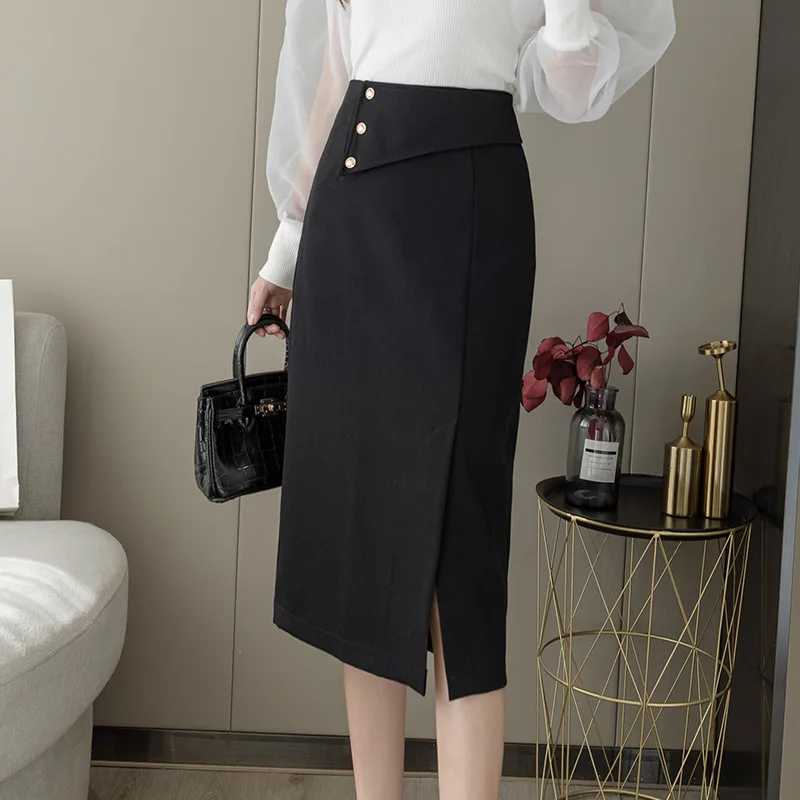 black pencil skirt 2022 Spring And Summer New Temperament Commuter Skirt High Waist Slim Suit Medium Skirt Split Lady Hip Wrap Skirt black mini skirt Skirts