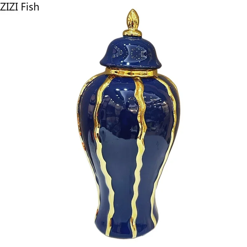 Gold-plated Stripes General Tank Porcelain Ginger Jar Creative Vase Flowers Arrangement Dresser Table Jewelry Cosmetic Container 6