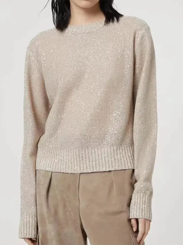 

Women's Linen Blends Sequin Knit Sweater Solid Color Long Sleeve Female Temperament Jumper Spring 2024