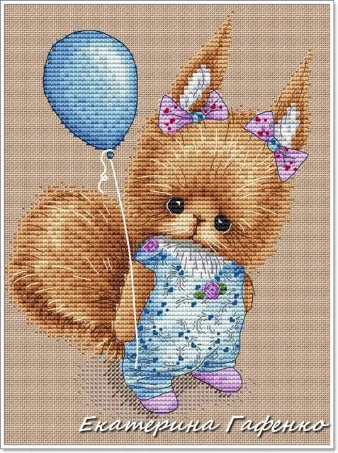 Chinesisches Kreuzstich-Set, DIY-Kit, Stick handarbeiten, Bastel pakete, Baumwoll seide, Eichhörnchen und Luftballons 23-28