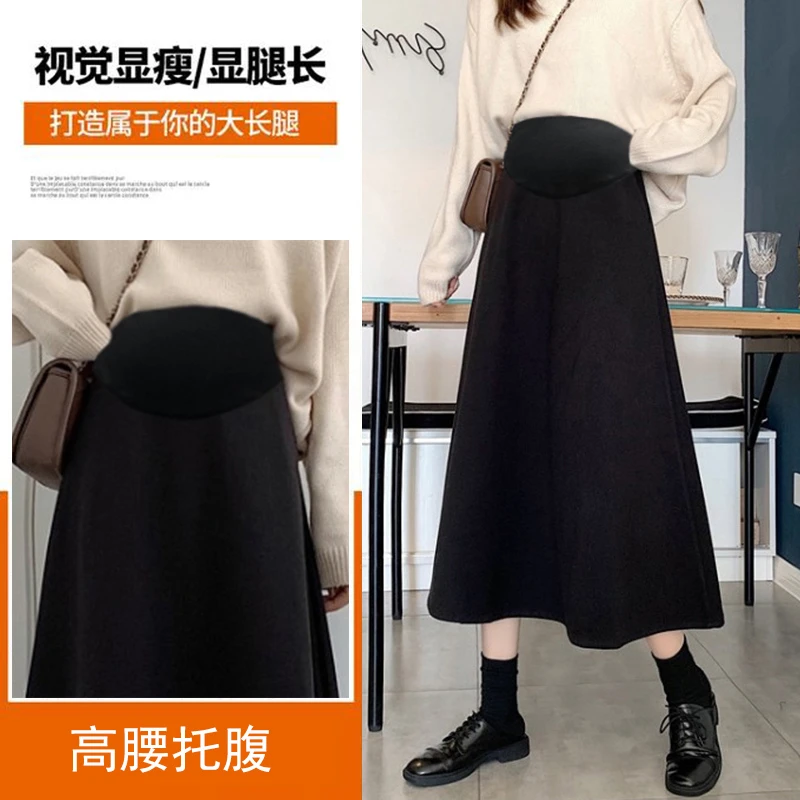 Woolen Maternity Skirts Autumn Winter Casual Warm Elastic Waist Belly Bottoms Clothes for Pregnant Women A Line Loose Pregnancy