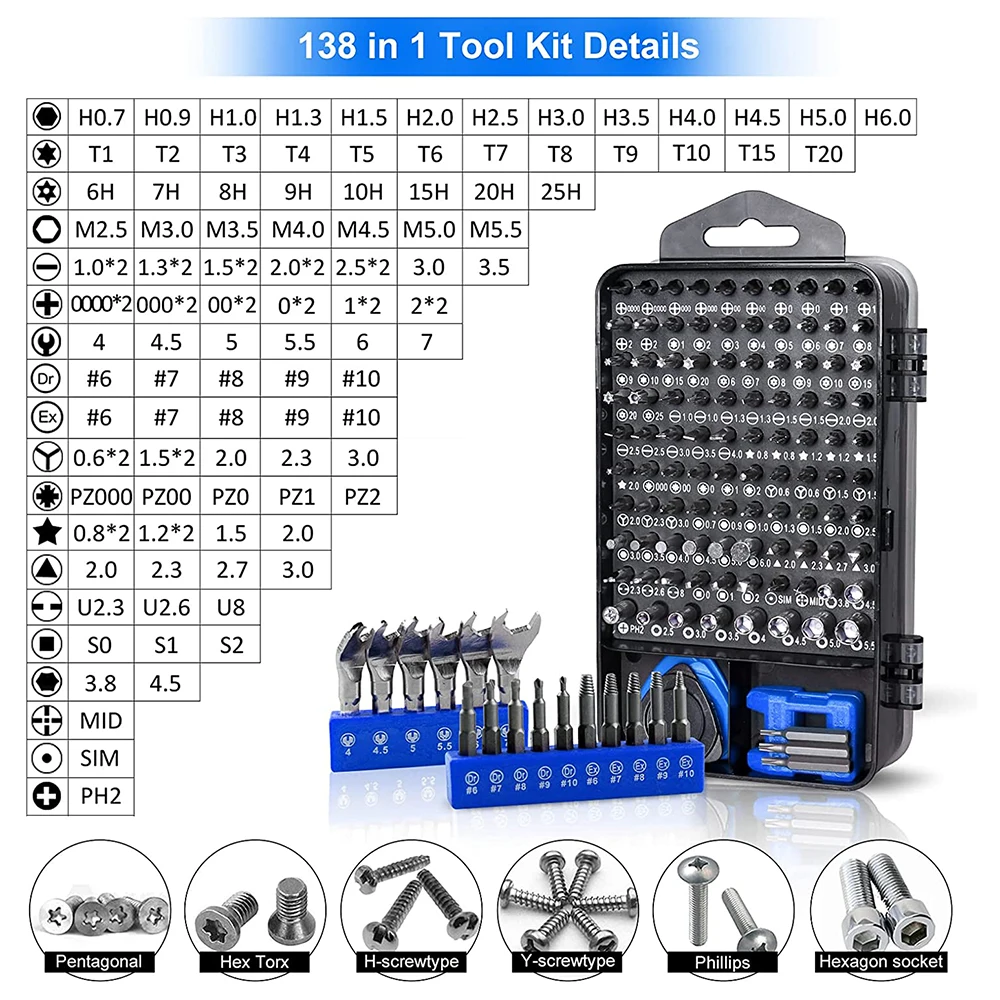 WOZOBUY 드라이버 세트 138 1 마그네틱 Torx 필립스 스크류 비트 키트 전기 드라이버 리무버 렌치 수리 전화 PC 도구