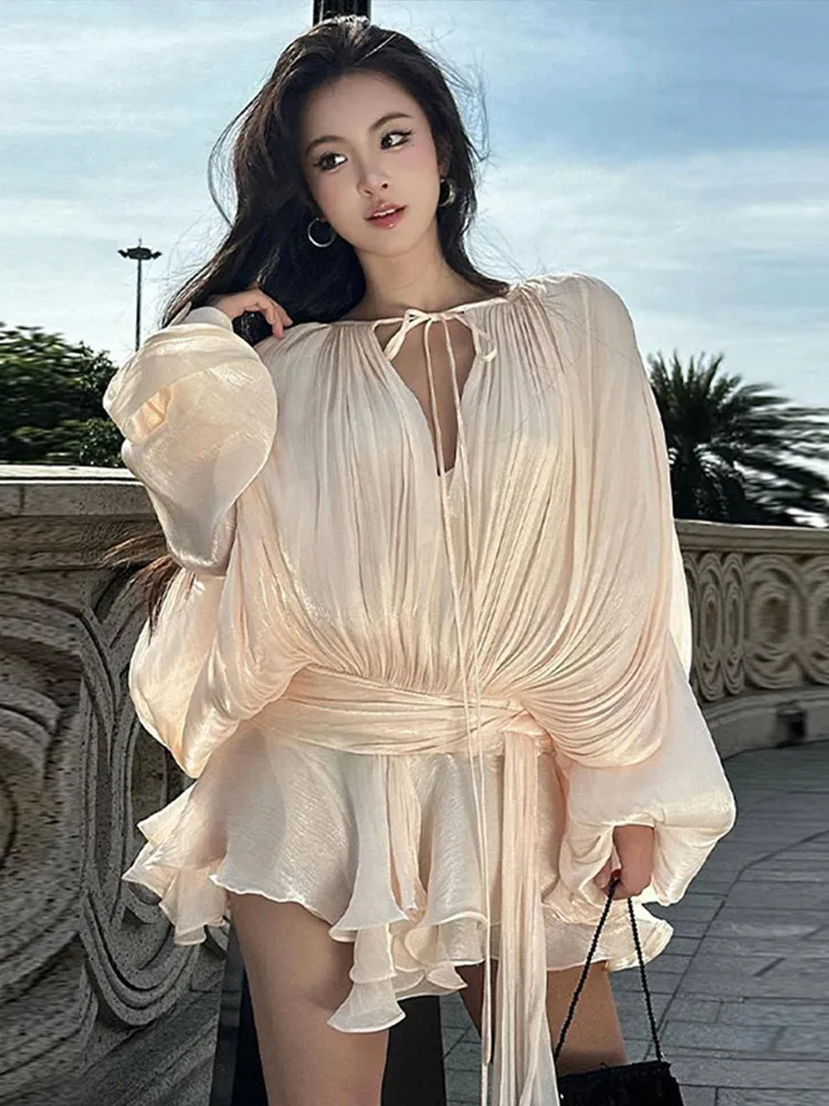Elegant Flounce V-Neck Lace-Up Lantern Sleeve Mini Dress with Patchwork Details