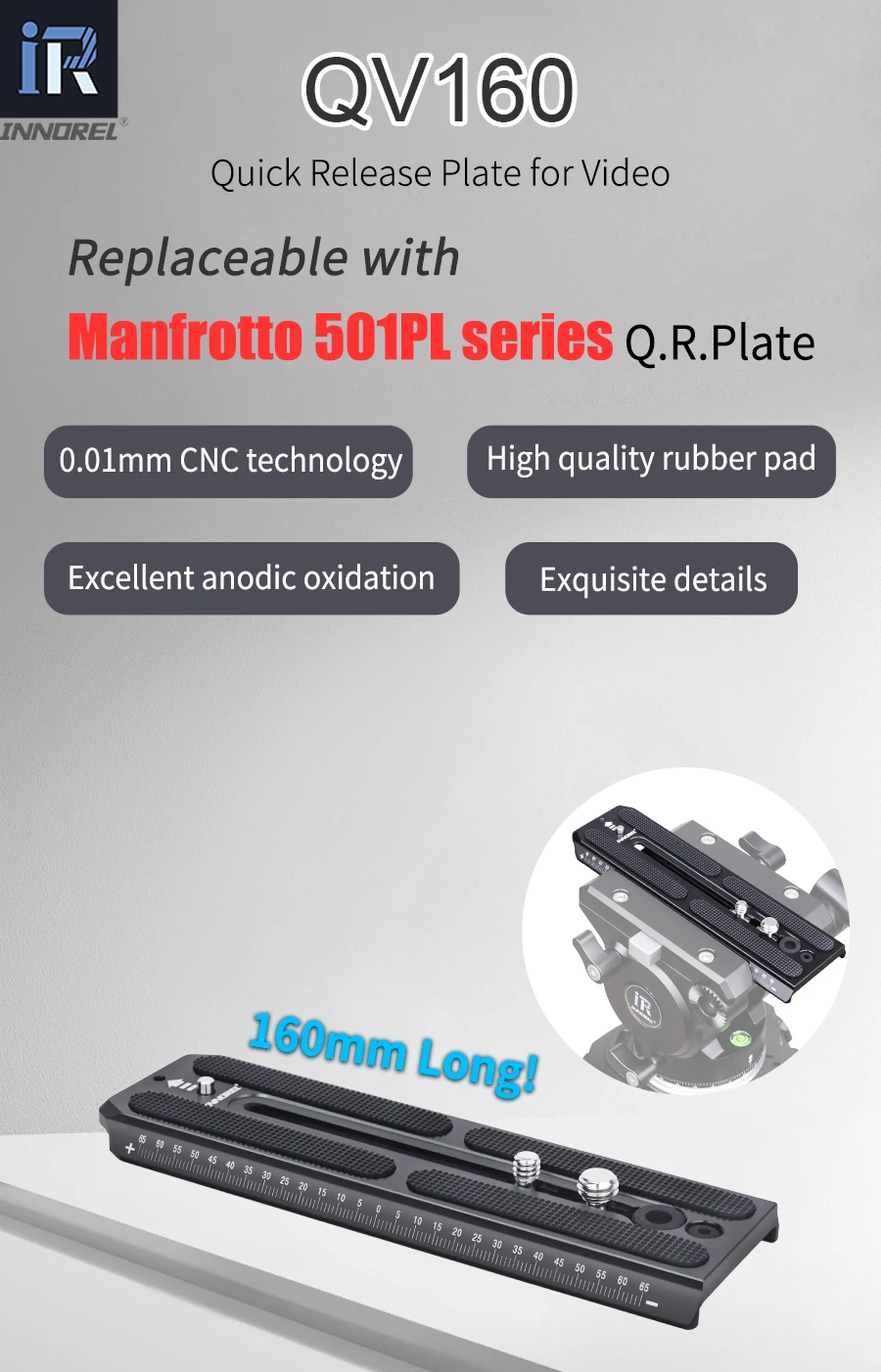 QV160 Quick Release Plate Compatible with Manfrotto 501PL Series Video Fluid Hea