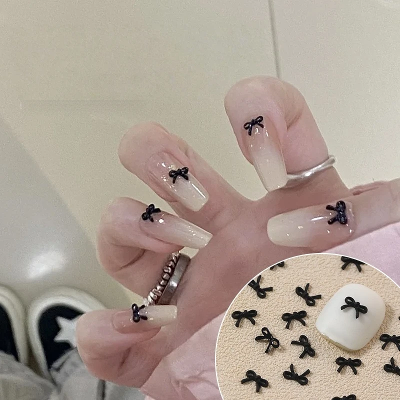 50PCS Schwarz Bögen Nail art Teile 4 Größen Für Wahl Flatback Harz Bogen Kont Nagel Charms Nette Krawatten für Nägel Dekor Zubehör DIY – Detail 1