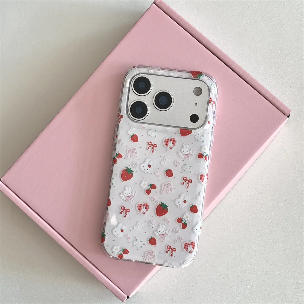Cute Strawberry Rabbit Phone Case For iPhone 17 14 15 Pro 16 Pro Max Cover with Polka Dots Cartoon Shockproof Fundas with Hinge 6