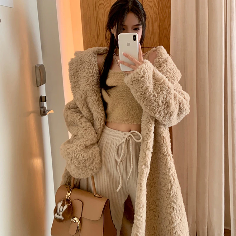 Winter Women Faux Fur Coat Oversized Long Shaggy Fuzzy Thicken Warm Parkas Sashes Lapel Stylish Luxury Korean Fashion Outwear