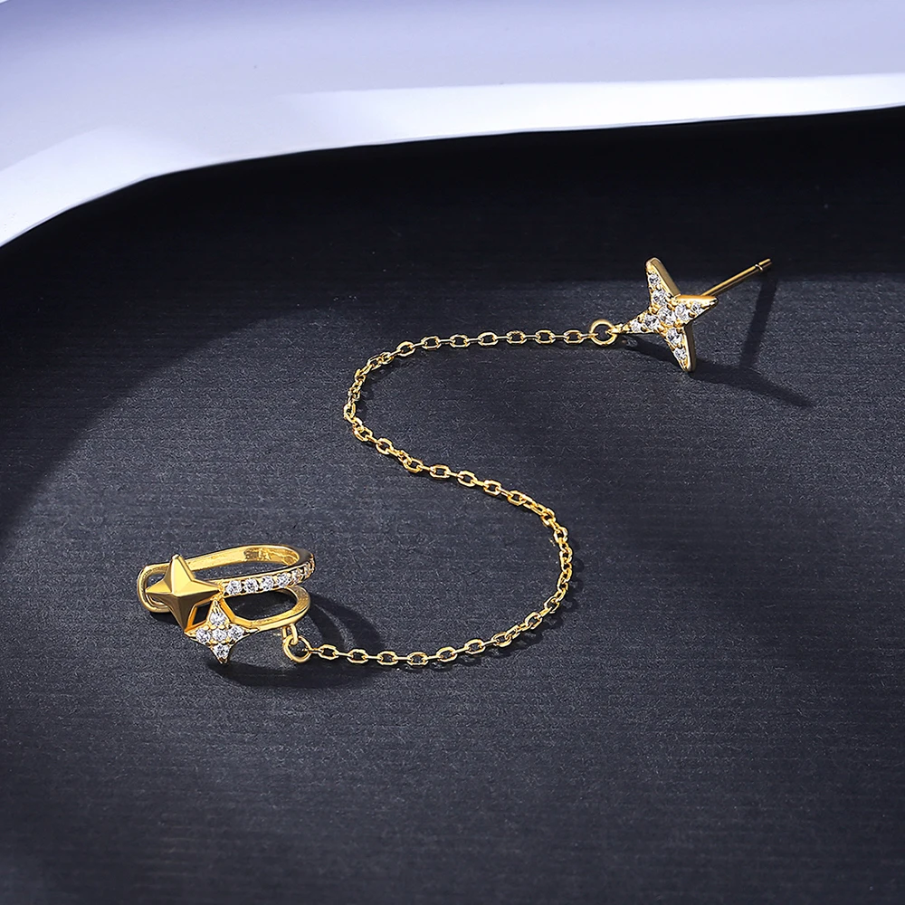 1Pc Stunning Stars Sterling Silver Clip Orecchini per Donna Cubic Zirconia Ear Clips Oro Colore Donna Gioielli di Moda_voghion.com