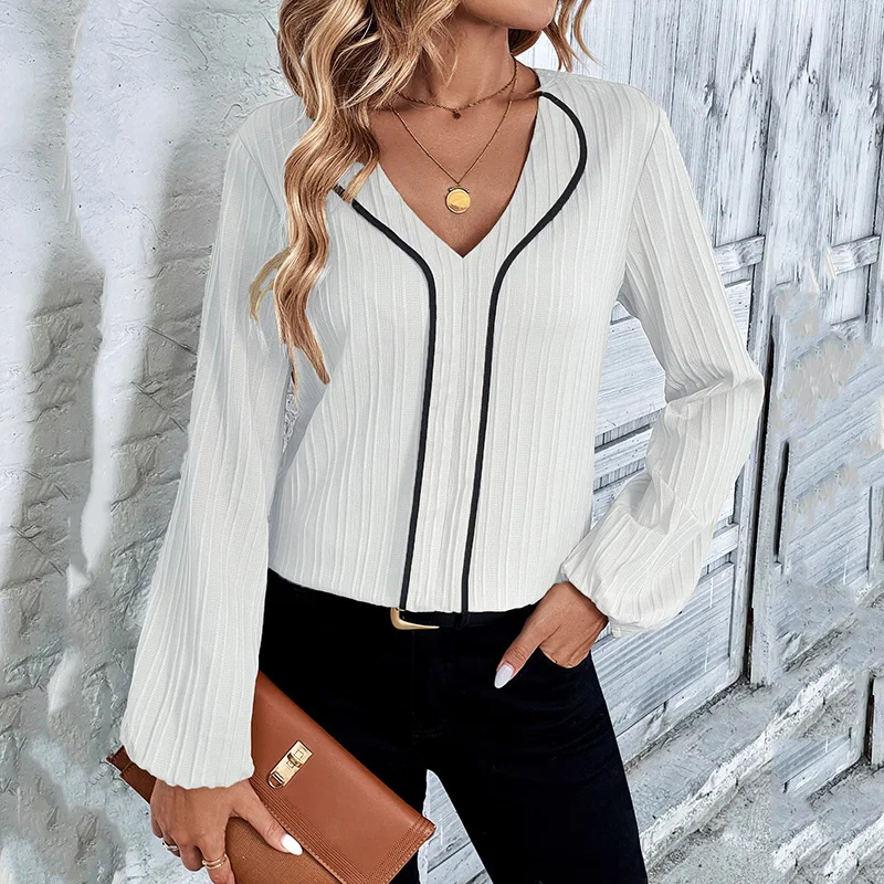 

Blouse For Women 2023 Female Solid Long Sleeve V-neck Straight Office Lady Fashion Elegant Casual Loose Blouse Female Clothing